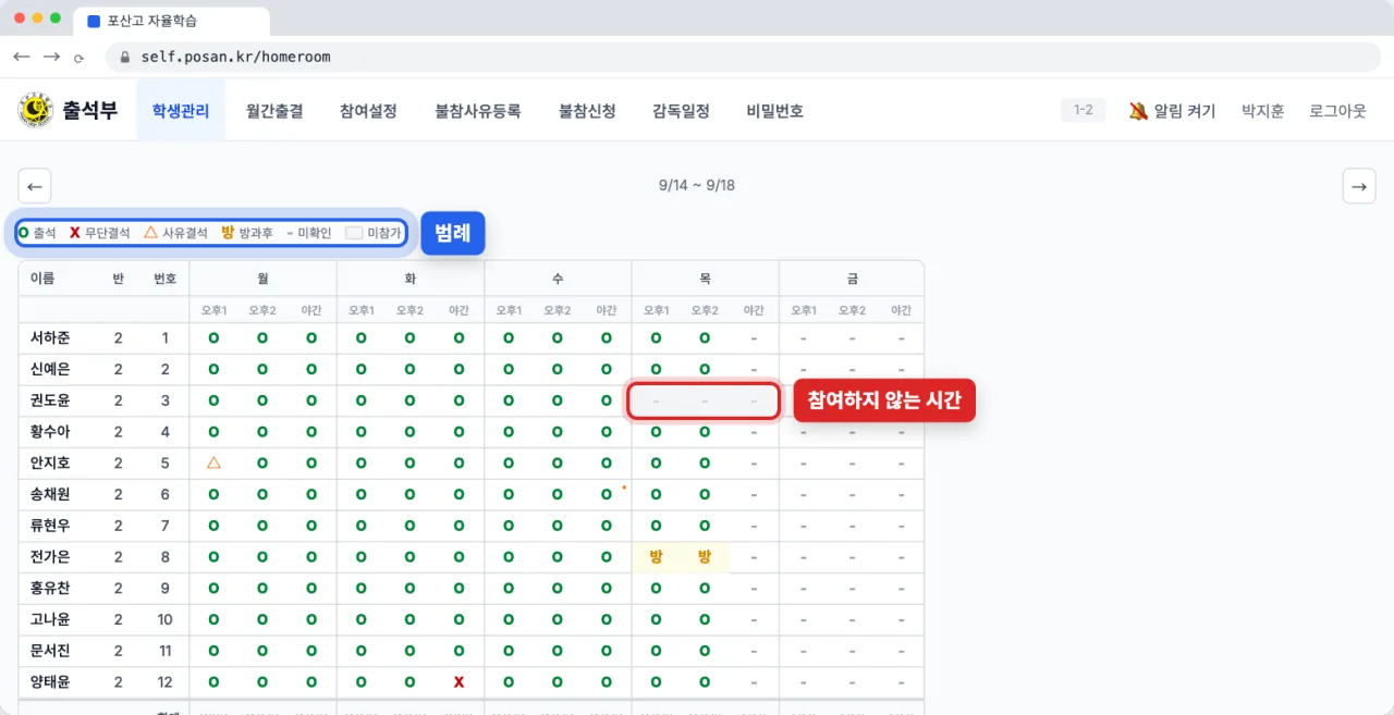 학생관리 탭의 이번 주 출결표와 범례